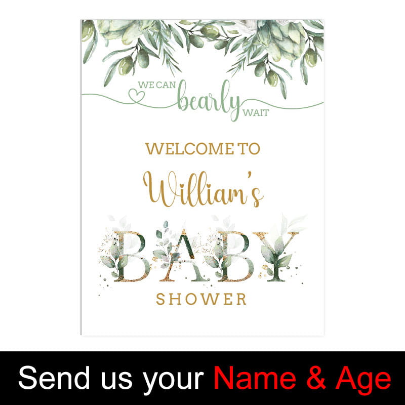 Un delicado letrero de bienvenida personalizado para baby shower blanco con letras en foil dorado y vegetación en acuarela, con decoración de osito de peluche.