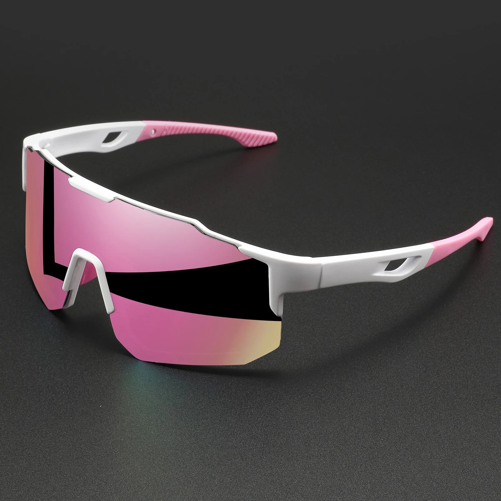 Oversized wraparound sports sunglasses featuring a pink and white frame with gradient mirrored lenses designed for unisex comfort fit and uv400 protection.