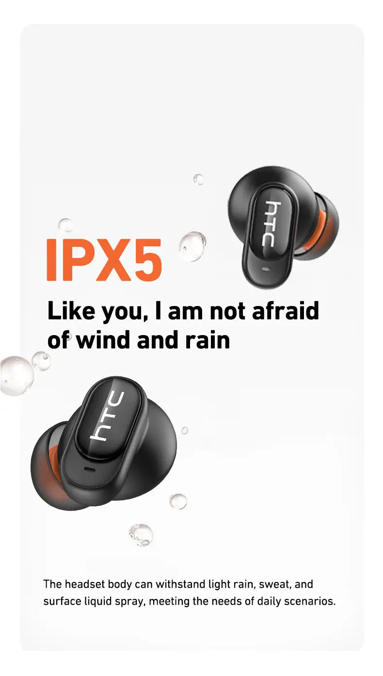 オレンジのアクセントを施したブラックのHTC NE79 TWS Bluetoothイヤホン。洗練されたエルゴノミクス設計とハイファイ・ステレオの音質を備えています。