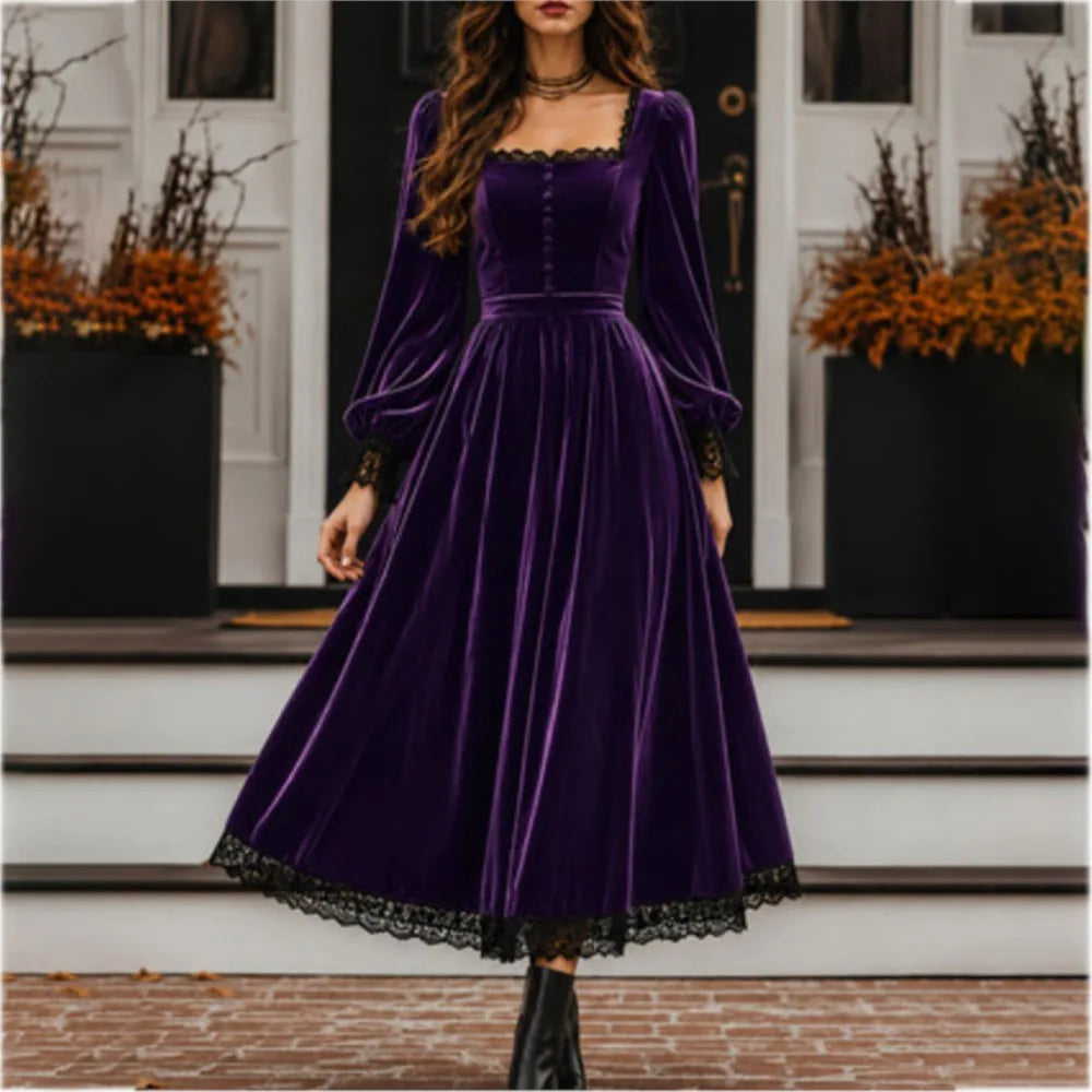 New Autumn Winter Women Velvet Party  Midi Dress Square Neck Puff Long Sleeve Black Lace Hem Button Front Vintage A Line Dresses
