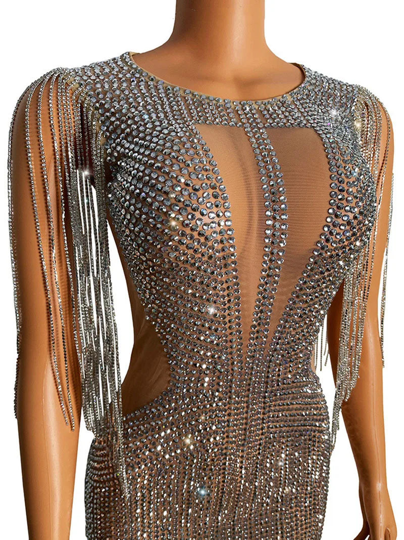 Women Celebrate Birthday Evening Dress Prom Outfit Sexy See Through Show Stage Wear Sparkly Rhinestones Tassels Crystals Dress