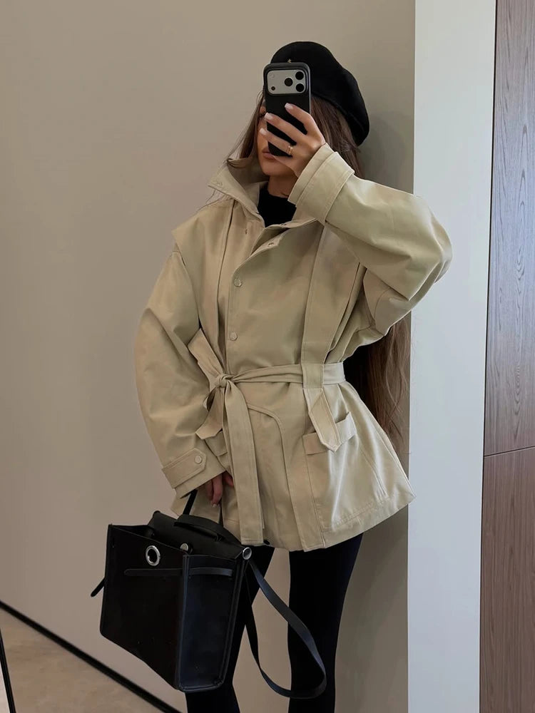 Women Short Trench Coat Belted Stand Collar Double Breasted Utility Jacket Oversized Pocket Chic Casual Office Commute Outerwear