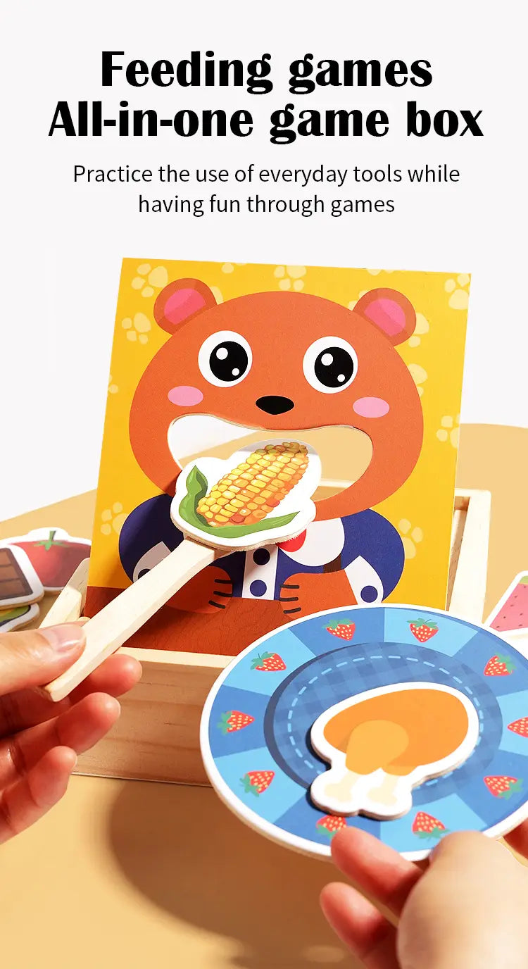 Orange-bärenmotivierte Box für ein hölzernes Bärenfütterungsspielzeug mit hölzernen Besteckteilen und farbenfrohen Papier-Tellern für eine spielerische Interaktion.