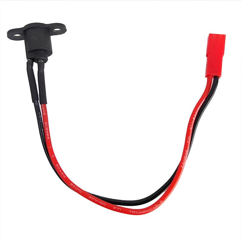 M365 electric scooter charging port replacement set featuring red and black insulated wire with a red connector on one end and a black mounting bracket on the other labeled triumphcarb.