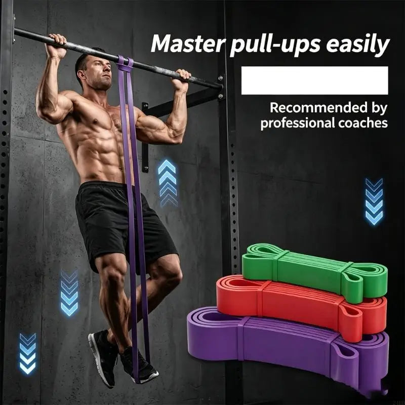 purple resistance band with textured surface for pull-up assistance included in 6-in-1 ab roller wheel set with real time tracking.