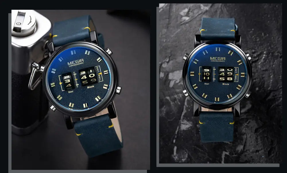 Megir military quartz watch with a blue leather strap chronograph and silver-tone case featuring a digital display.