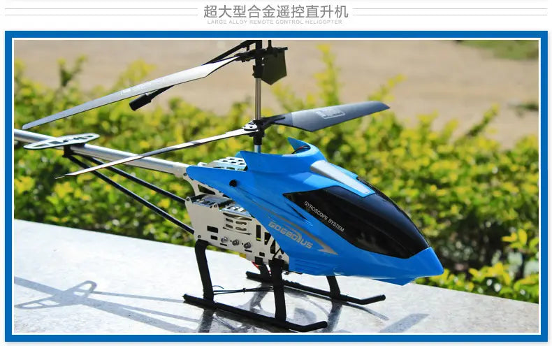 Blue and black remote control helicopter with metallic silver components featuring a lithium battery for extended flight time.