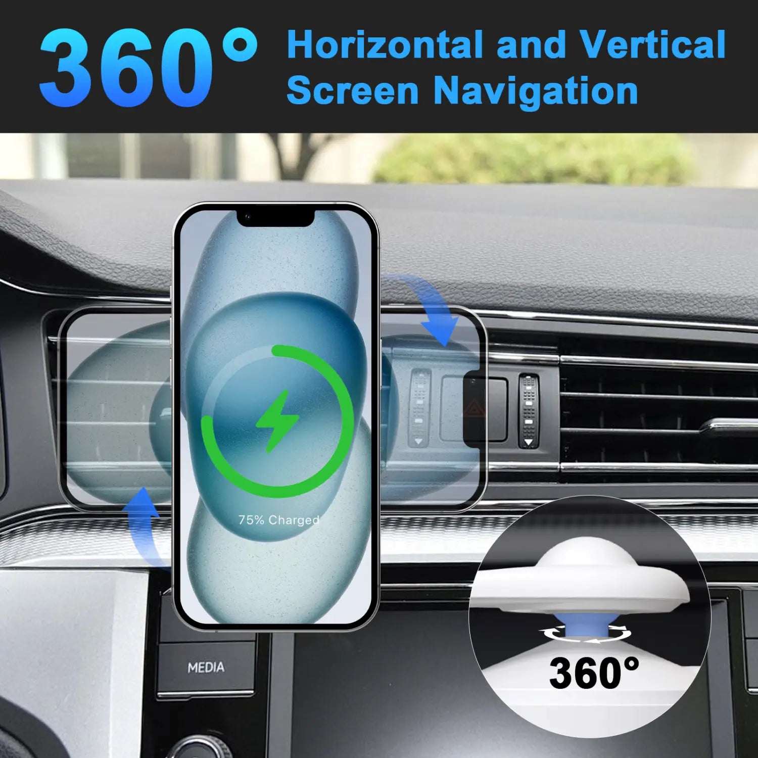 A sleek silver wireless car charger 15w magnetic phone mount with 360-degree horizontal and vertical navigation for fast charging and car wireless use.