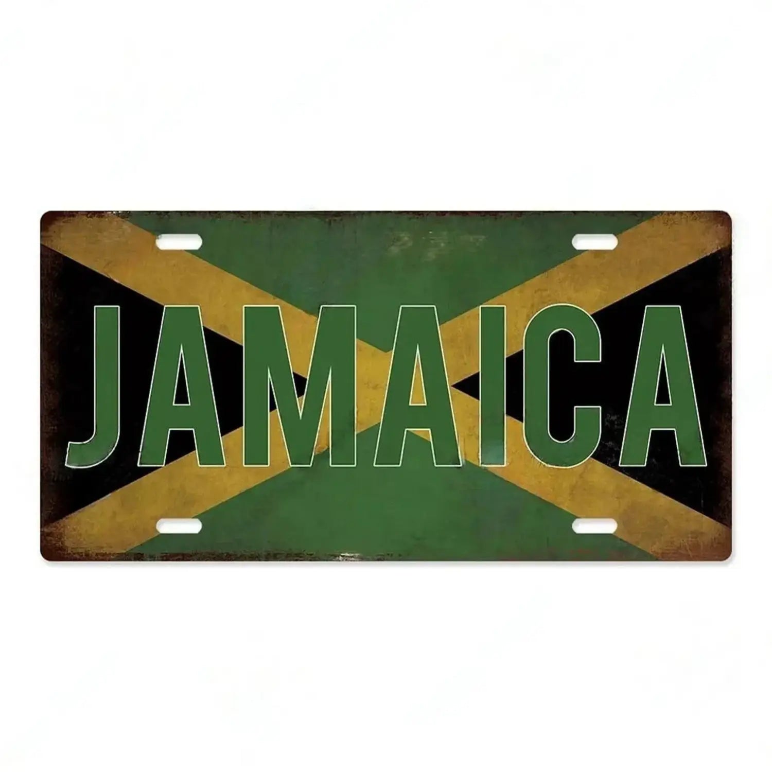 Rustic green and gold Jamaican flag metal license plate with distressed finish featured as vintage wall decor in the India flag metal license plate product.