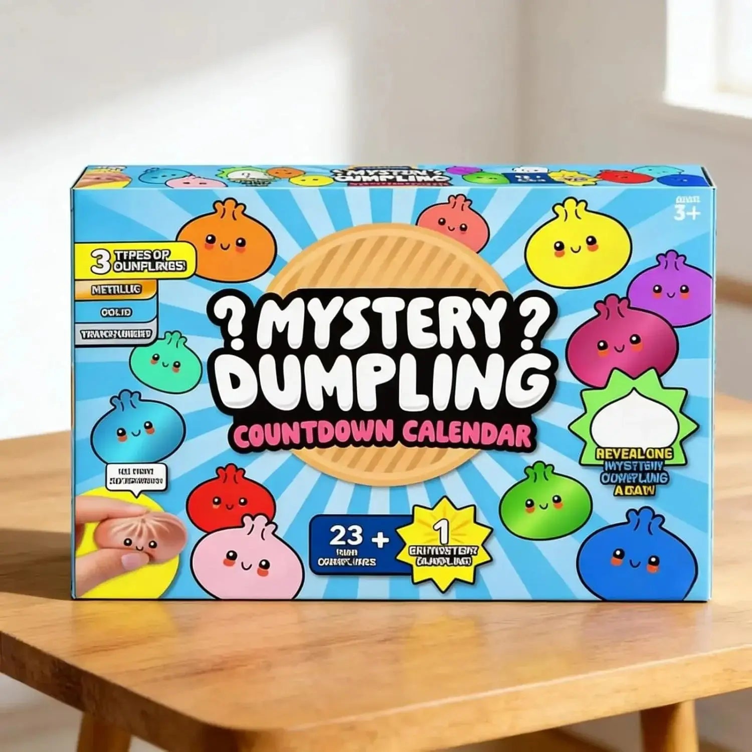 Eine bunte Box im Cartoon-Design mit Knödel-Squishies-Adventskalender mit 24 Stk., die 23 verschiedene Knödel in unterschiedlichen Farben und Ausführungen enthalten, für eine geheimnisvolle Knödel-Countdown-Zählung.