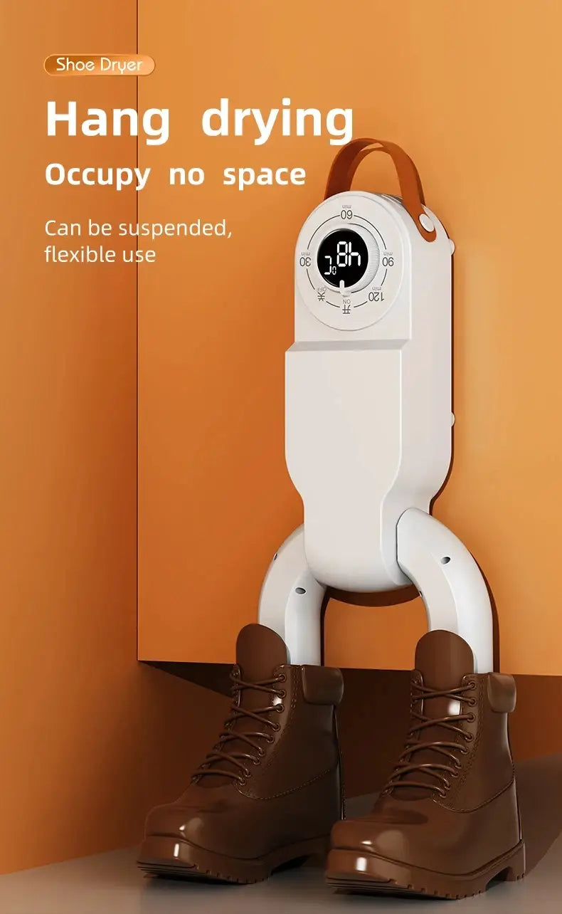 Sèche-chaussures électrique portable blanc et marron et réchauffeur, avec un design suspendu et un affichage numérique de minuterie