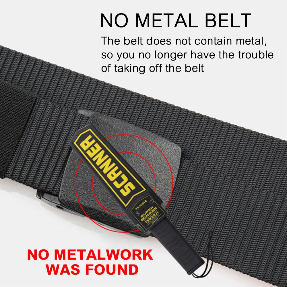 tactical nylon belt for men in black woven material with a matte buckle featuring a black and yellow scanner device attached for outdoor use.