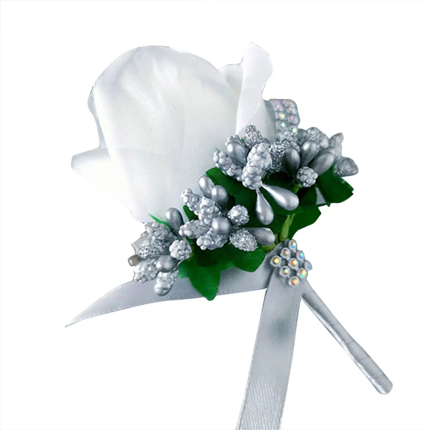 Blue wedding boutonniere featuring a silver floral design with a white satin rose metallic embellishments and green leaves made of artificial silk.