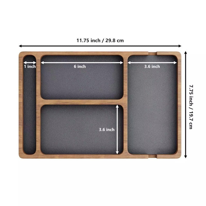 Rectangular wooden desktop charging organizer tray with a natural wood frame and three dark gray textured compartments of varying sizes.