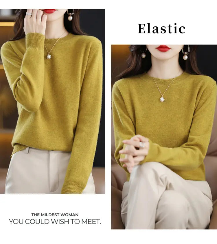 Olive green elastic knit pure wool cashmere o-neck pullover sweater displayed from the back side.
