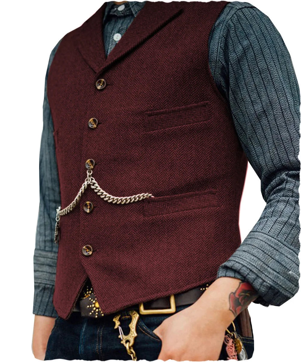 Mens Suit Vest Lapel V Neck Herringbone Casual Business Vest Waistcoat Groomman For Wedding Tweed Business Waistcoat