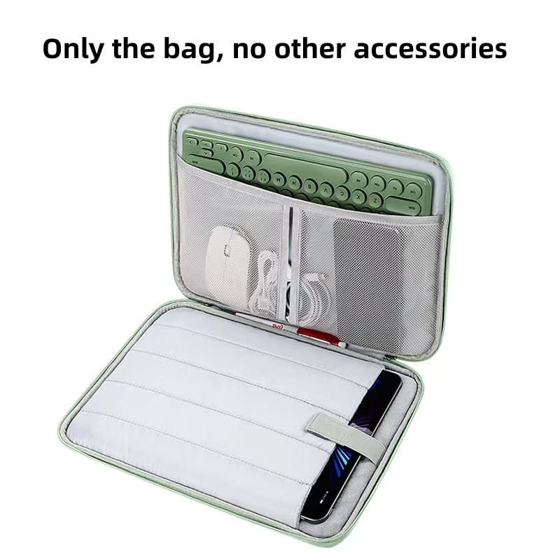 Light gray padded nylon computer bag tablet sleeve with mesh compartments and padded interior designed to securely hold a keyboard mouse phone and cables.