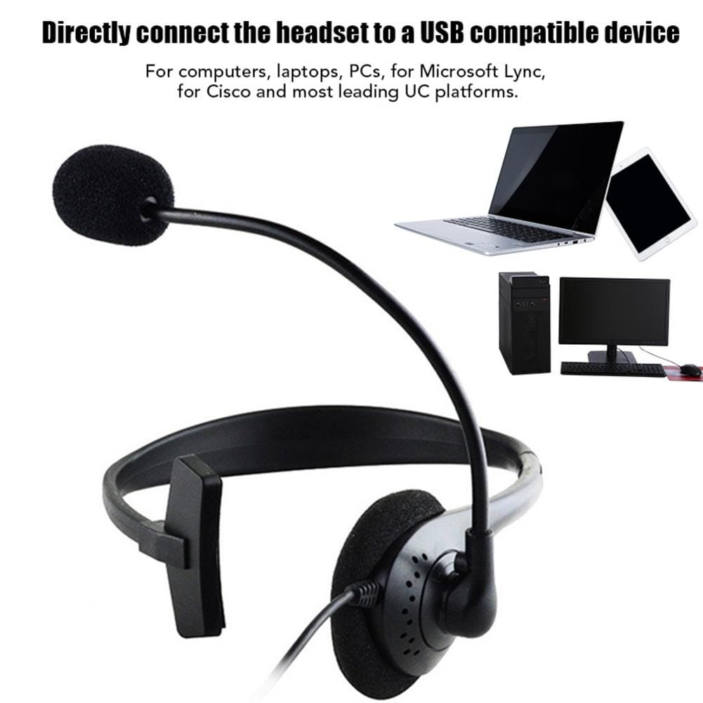 Black over-ear usb call center headset with flexible boom microphone and padded earcups featuring noise canceling mic and wide frequency response range for clear communication.