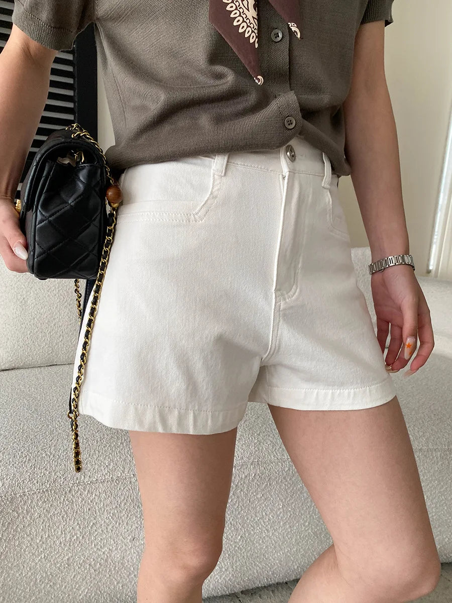 Summer women's casual solid color high waist loose A-line wide leg denim shorts