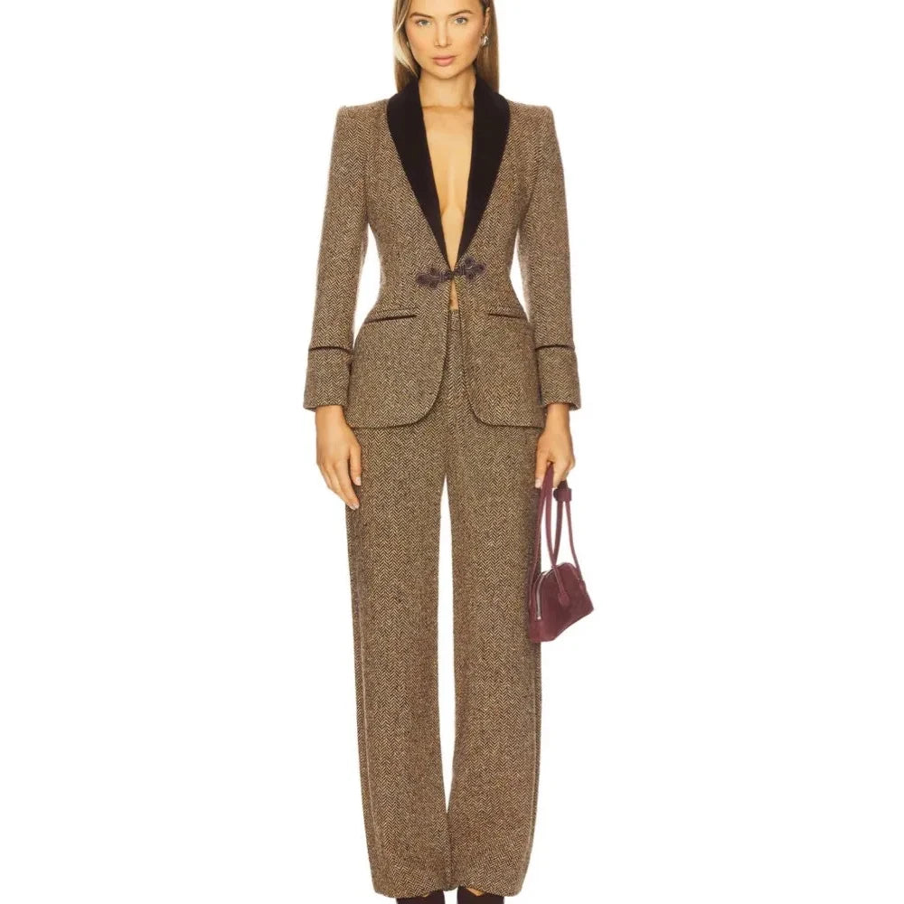 Formal Women's Suits Tweed Single Button Shawl Lapel Slim Fit 2 Piece Jacket Pants Luxury Office Lady Female Clothing Outfits