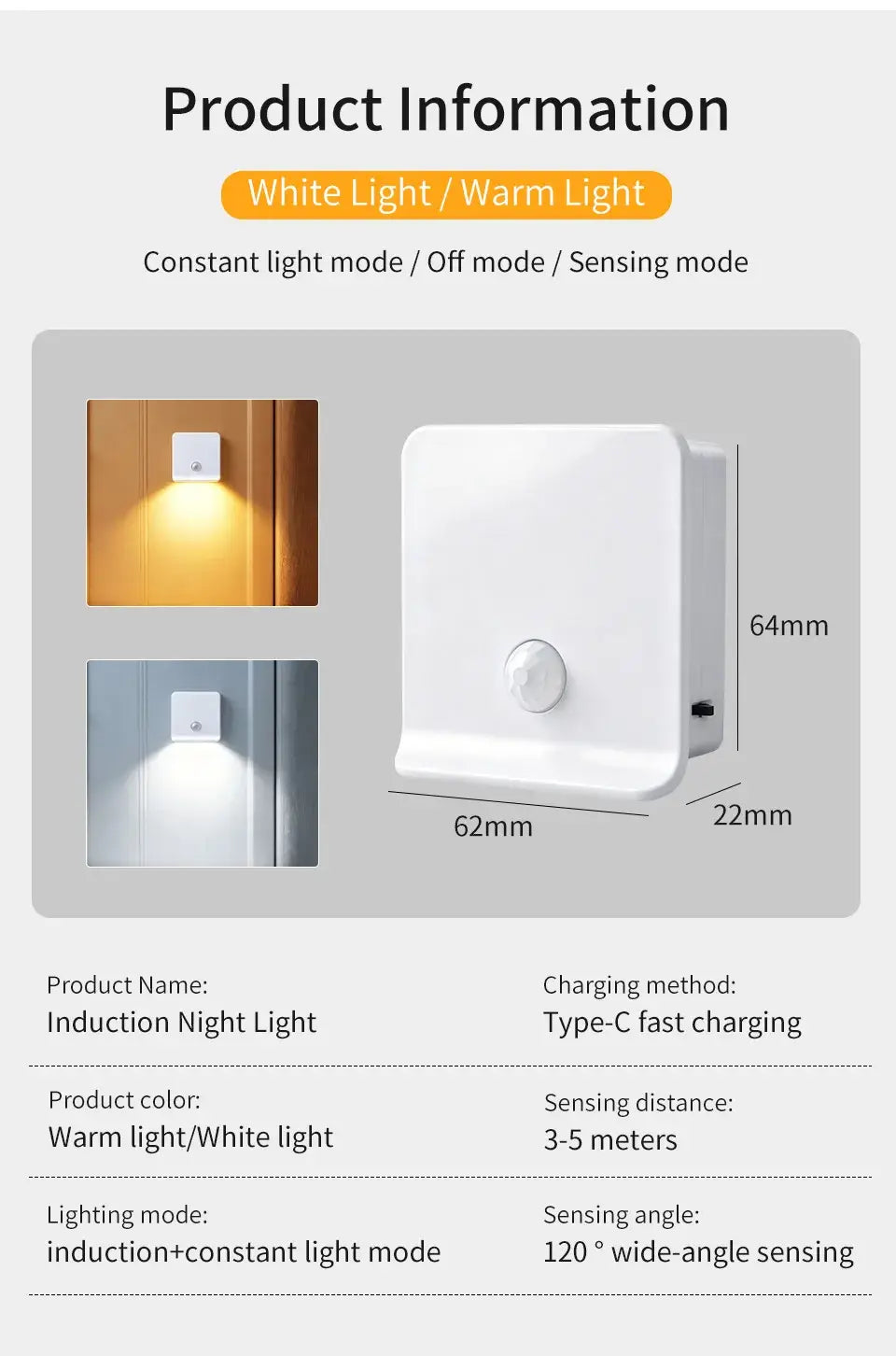 white rectangular motion sensor night light with a circular sensor on the front offering warm or white lighting in constant and sensing modes for use as a rechargeable led cabinet lamp