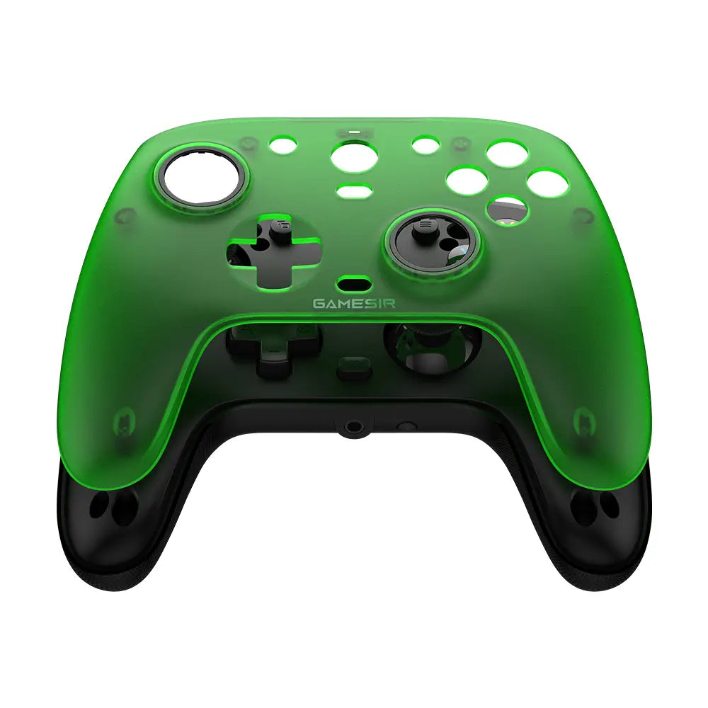 Vibrant translucent green plastic controller shell with black accents and gamesir brand name from the Gamesir G7 magnetic faceplate and accessories kit.