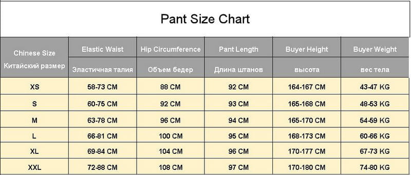 pant size chart in centimeters and kilograms for chinese sizes xs through xxl for teal mens tactical cargo pants streetwear
