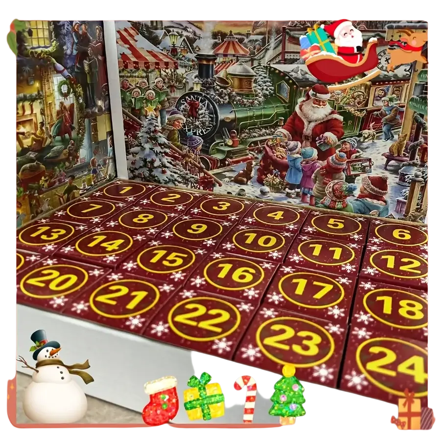 Red Christmas advent calendar with numbered compartments featuring Santa, train, and snowy village festive illustrations