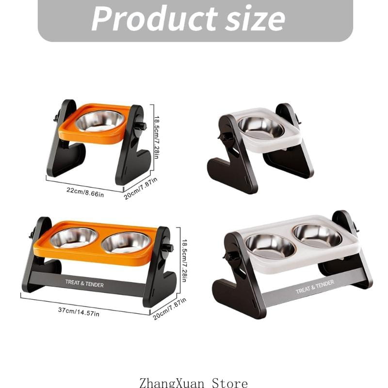 Height adjustable stainless steel pet feeding station with single bowl design, plastic base in orange or white, and treat and tender brand label.