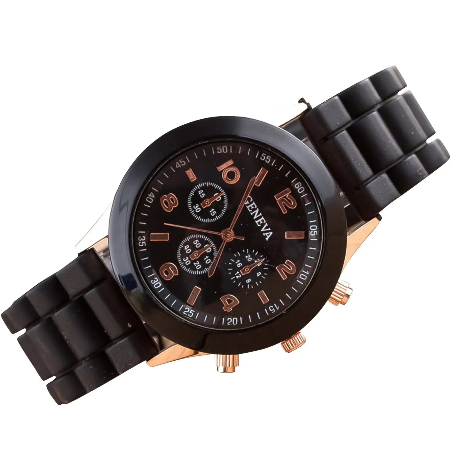 Black Geneva chronograph women silicone quartz watch with rose gold-tone accents and a black rubber strap.