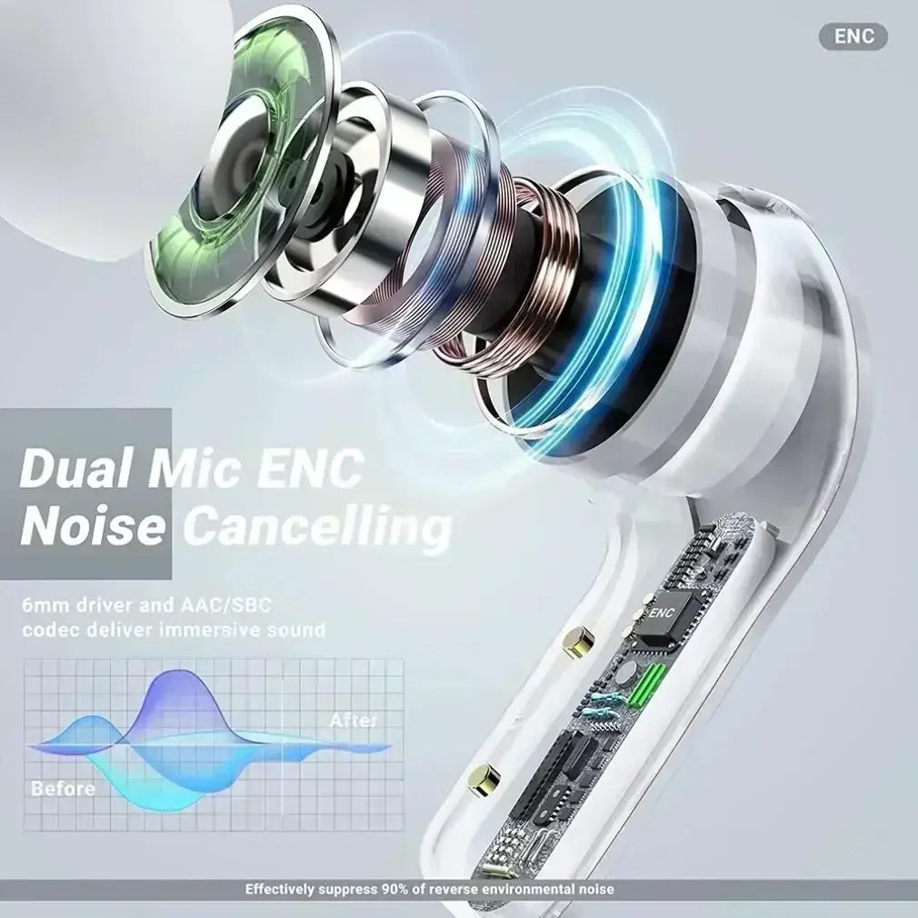 White wireless earbuds with sleek modern design featuring metallic accents and exposed internal circuit board equipped with bluetooth chip and compatible with charging case.