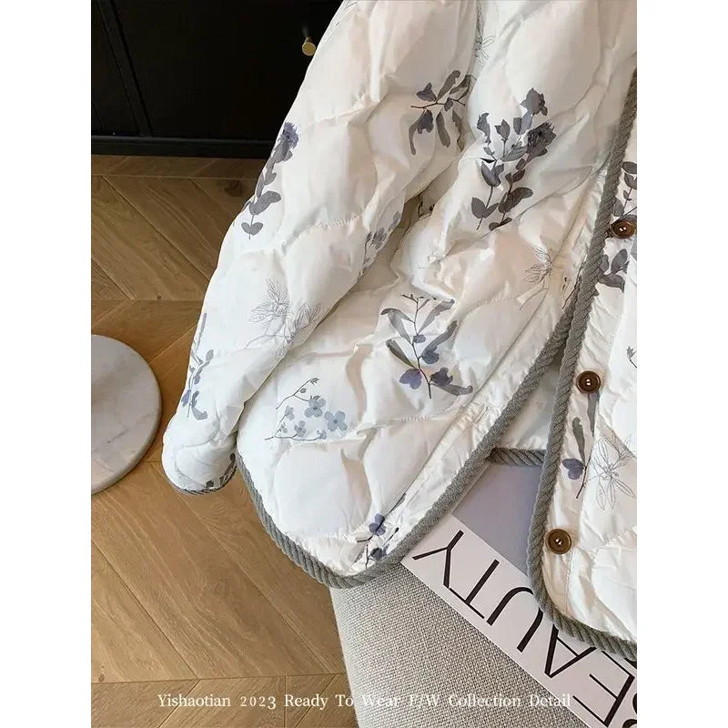 Corduroy Edging Padded Cotton Winter Coat for Women Aesthetic Y2K Floral Printed Elegant Bomber Jacket Korean Fashion Streetwear