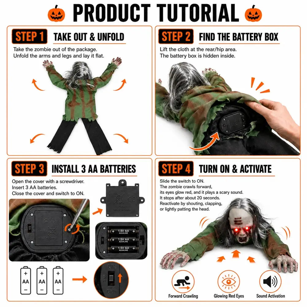 Animiertes kriechendes Zombie-Halloween-Prop in Grün-Schwarz-Camouflage mit leuchtenden roten Augen, ausgelegt, um mit Sound und Lichtern nach vorne zu kriechen.