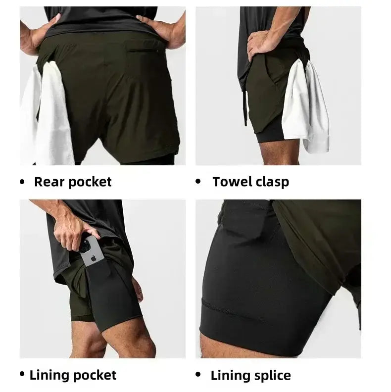 Pantalones cortos de entrenamiento para anime de gimnasio 2 en 1 para hombres en verde oliva con forro negro, que incluyen bolsillo trasero, trabilla para la toalla para mayor comodidad y bolsillo lateral con ribete que ofrece soporte para el almacenamiento.