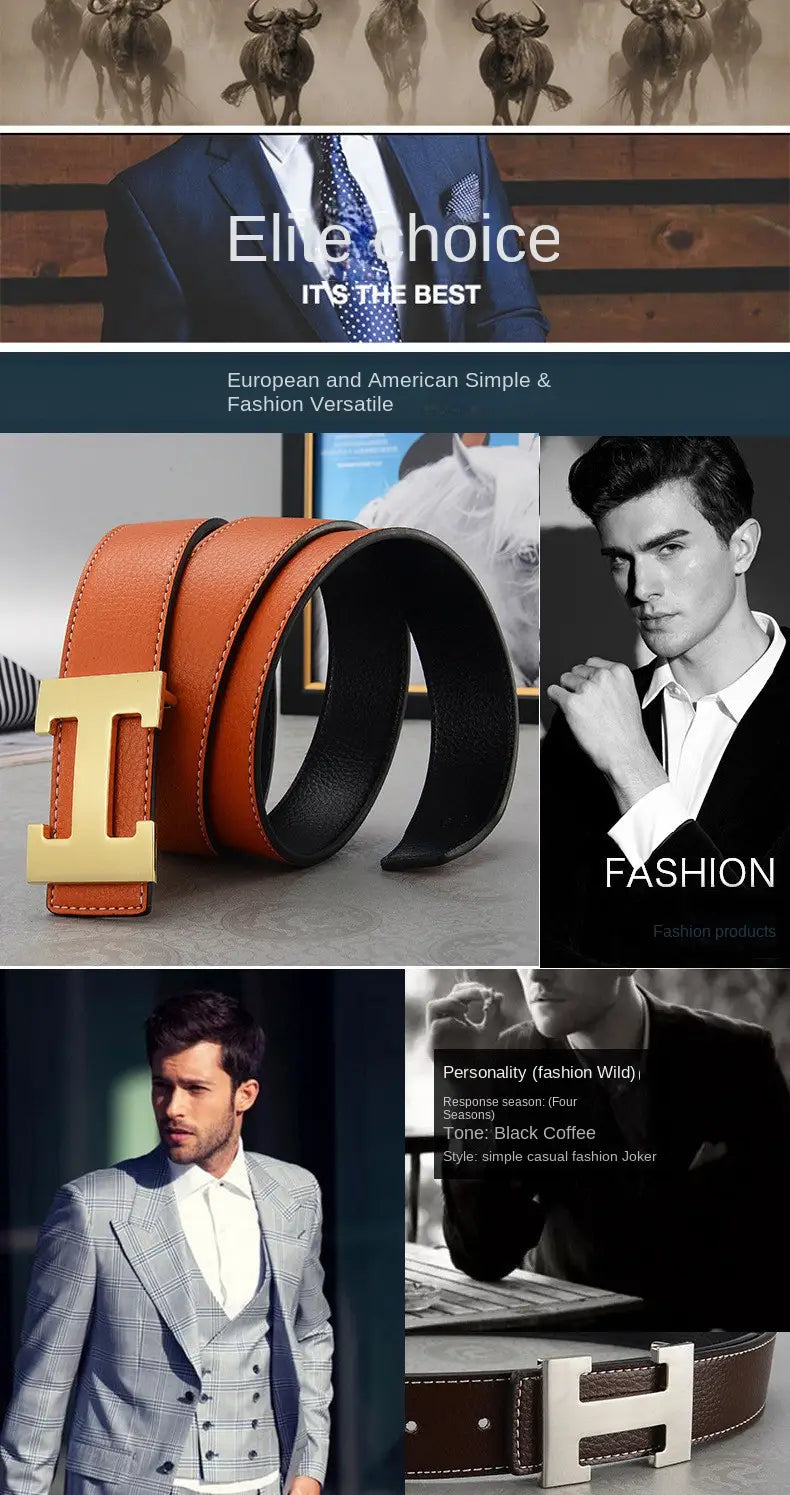 Men’s leather h buckle belt in orange and black with a gold tone h shaped buckle.