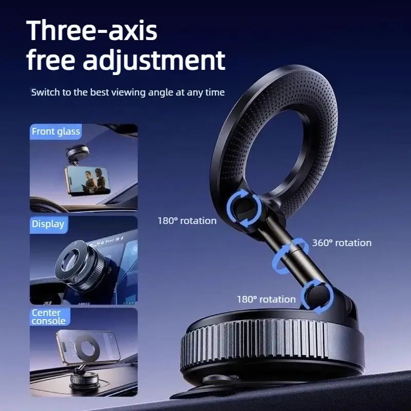Black three-axis adjustable car phone mount with textured grip and magnetic attraction for flexible viewing angles