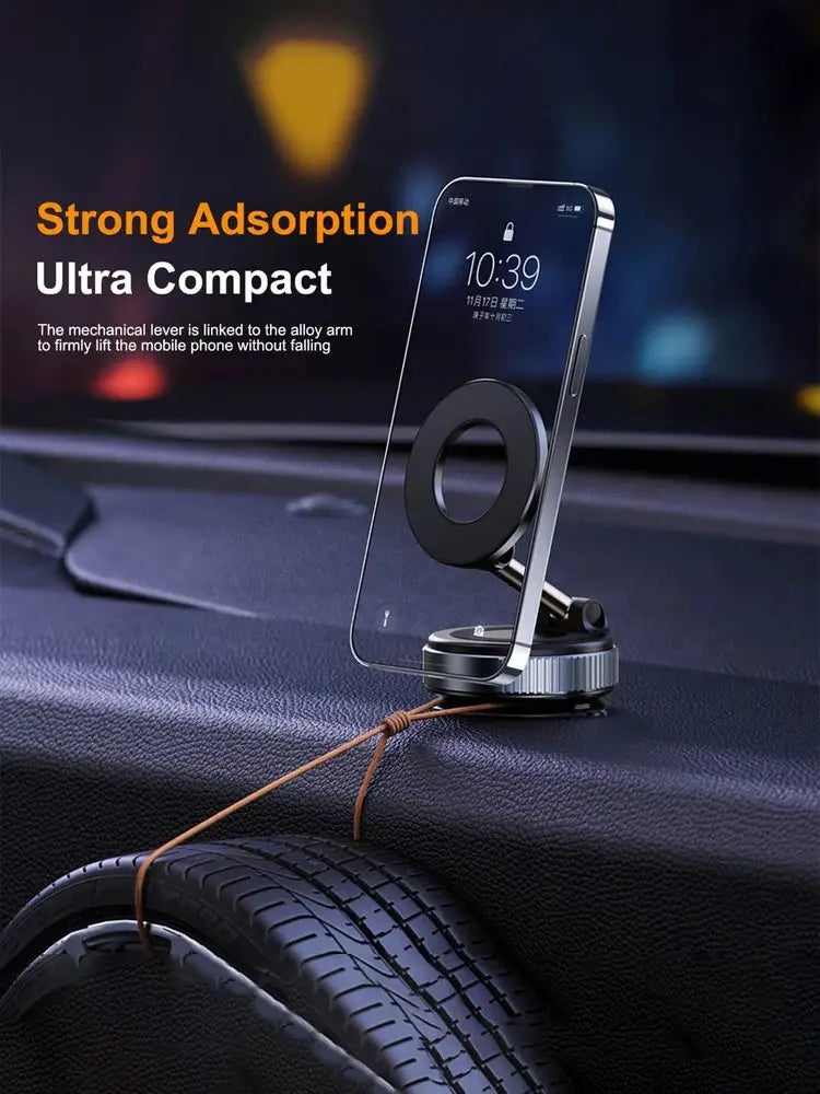 Silver metallic magnetic car phone mount with circular magnetic base and adjustable arm designed for ultra compact strong adsorption 360 dashboard holder.