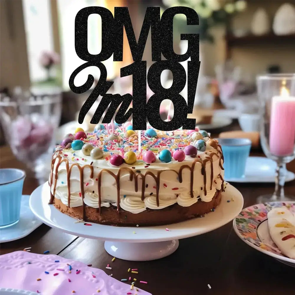 Gâteau de fête anniversaire en paillette noire avec le texte « omg i am 18 » pour les célébrations du 18e anniversaire.