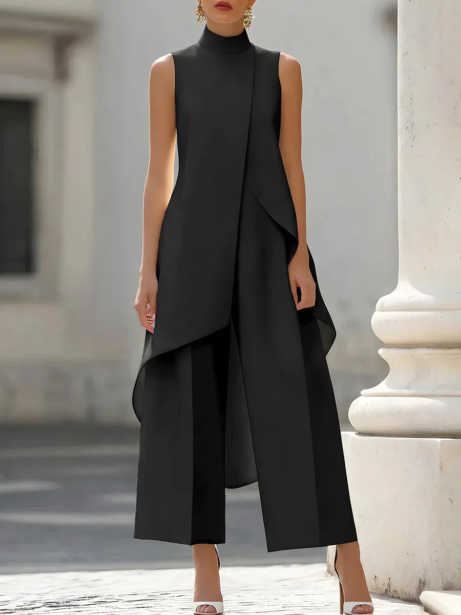 Women Stand Neck Sleeveless Layered Long Vest Wide Leg Pants Co Ord Set Elegant Business Formal Office Commuter Two Piece Outfit