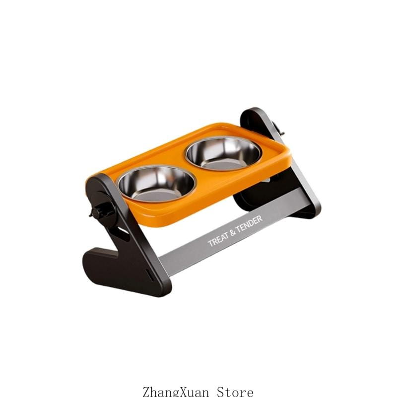 Height adjustable stainless steel pet feeding station with orange and black dual-bowl design featuring stainless steel bowls.