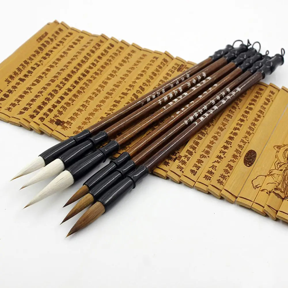 6Pcs/set Writing Practice Brush Chinese Calligraphy Brown Weasel Hair Brush White Woolen Calligraphy Supplies Student Stationery