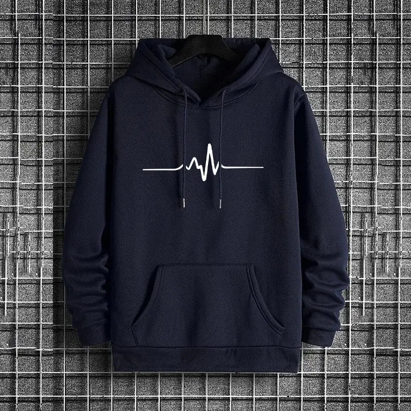 Herren-Winter-Casual-Kapuzenpullover in Navyblau mit weißer Herzschlag-Liniengrafik auf der Vorderseite, aus angenehmem Material für den Alltag.