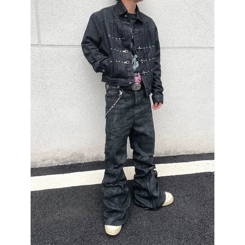 Denim Pant Men Stacked Jeans Vintage Pants Spliced Full Length Mid Waist Washed Straight Trousers Y2k High Street Casual Spring