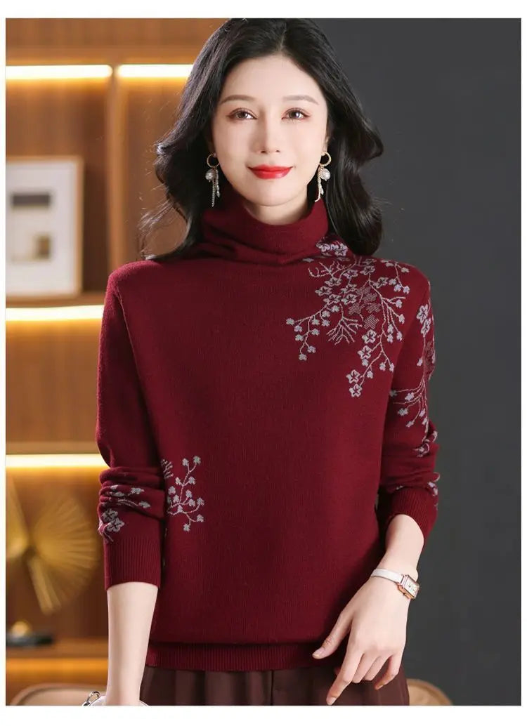 Winter Clothes Woman Vintage Print Woolen Shirt Spring Autumn Turtleneck Warm Knitwear Jumper Turtleneck Pull Women's Sweater