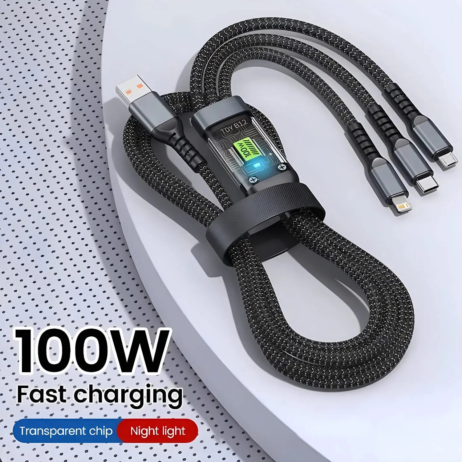 Câble de charge rapide 3-en-1 USB-C noir tressé vers plusieurs ports 100 W, fabriqué en nylon, avec puce transparente intégrée et fonction de veilleuse.