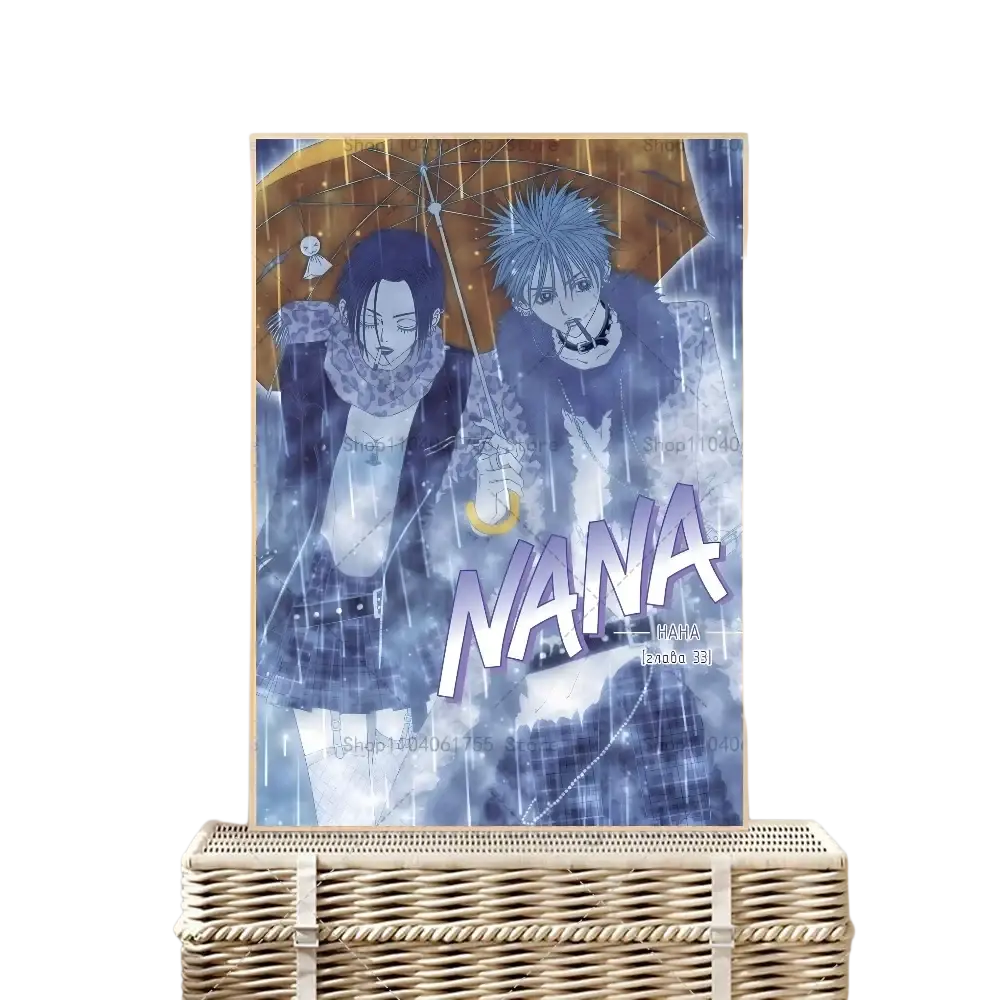 Affiche au style anime présentant deux personnages sous un parapluie dans une scène pluvieuse, avec le titre Nana bien visible, comme autocollant-sticker d’affiche murale étanche de type classique animé Nana.