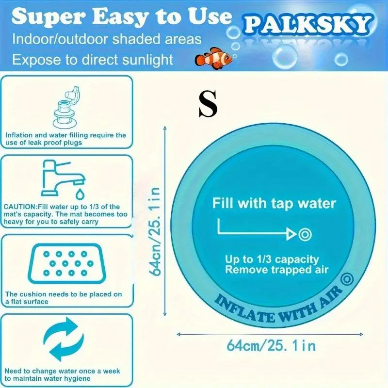 Alfombra de piscina inflable de silicona de la marca palksky en un azul intenso, diseñada como una alfombra de juegos acuáticos interactiva para gatos, con instrucciones para el uso del juguete de peces flotantes para rellenar con agua del grifo hasta un tercio de su capacidad para el tipo de uso de juguetes.