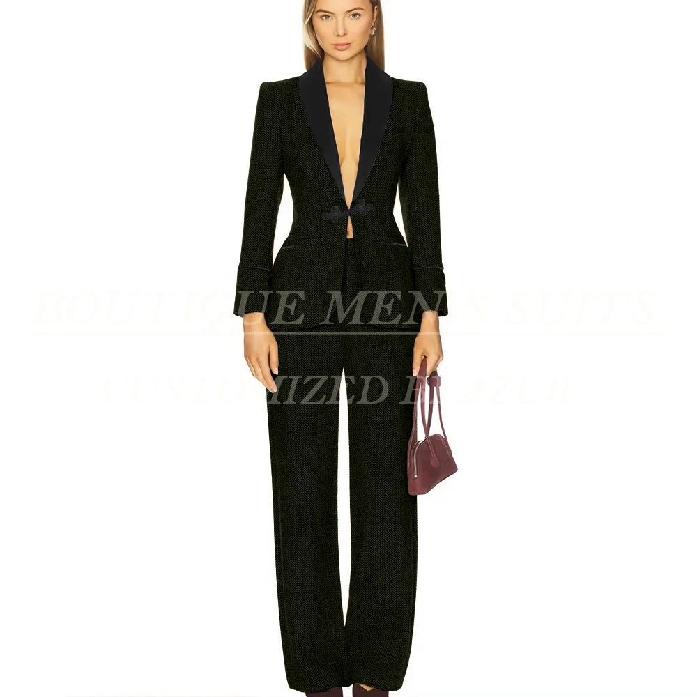 Formal Women's Suits Tweed Single Button Shawl Lapel Slim Fit 2 Piece Jacket Pants Luxury Office Lady Female Clothing Outfits