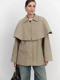 2026 Autumn Winter Women Trench Coat Cape Overlay Belted Waist Single Button Mid Length Jacket