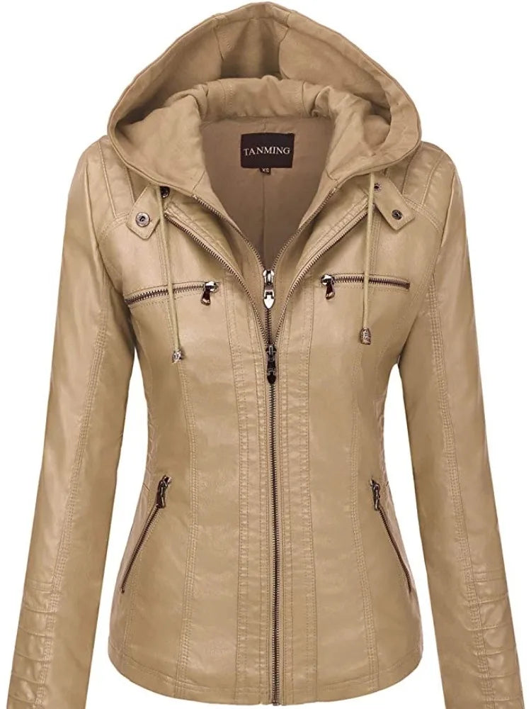 Hooded Leather Jacket Two-Piece Set Removable Large Size Leather Jacket for Women Spring Fall Outwear Women Pu Washed Leather